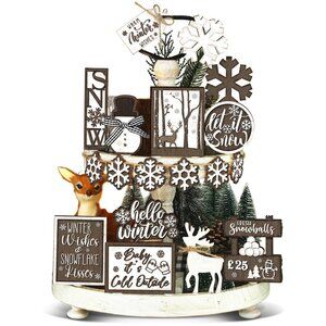 17 Pcs Winter Tiered Tray Decor Snowman Tiered Tray Decorations